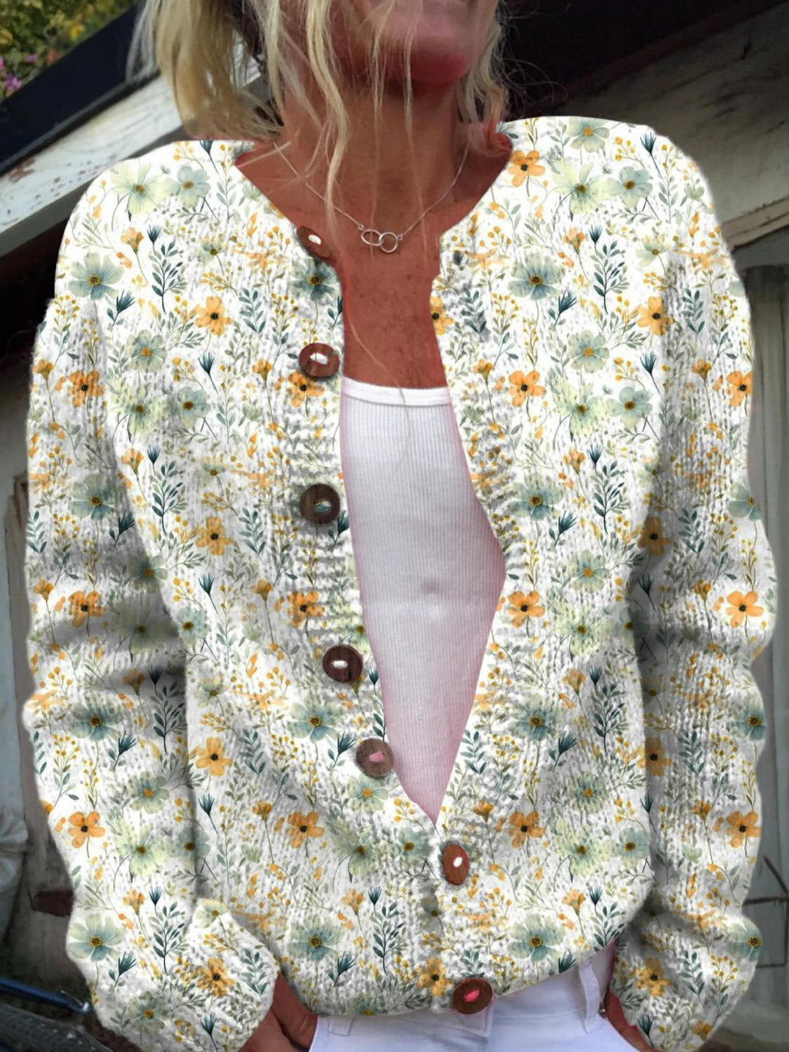 Gabriela - Lovely Meadows Floral Pattern Printed Buttoned Cardigan Sweater-15530556227957-Mirella Fiore