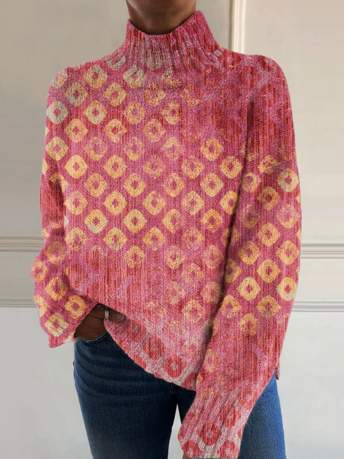 Ginna - Seraphina - Vintage Color Block Art Print Knit Turtleneck Pullover Sweater-15553140359541-Mirella Fiore