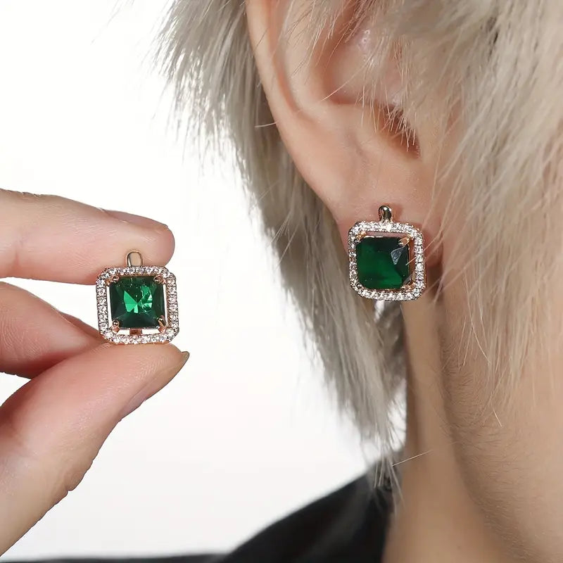 Golden Green Square Zirconia Gold Earrings-15548285583733-Mirella Fiore