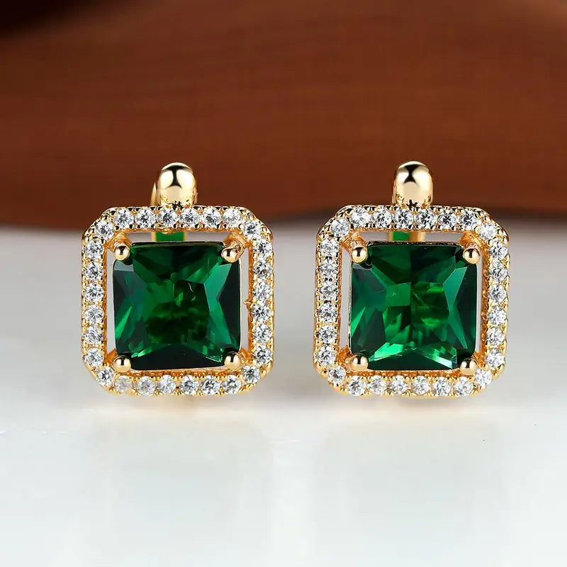 Golden Green Square Zirconia Gold Earrings-15548285583733-Nancy & Mae Savannah