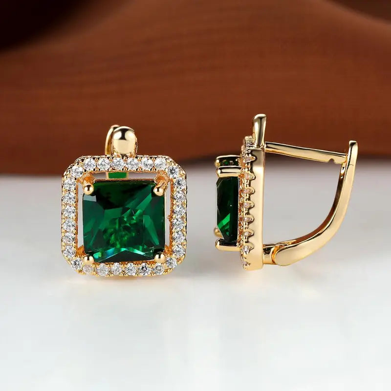 Golden Green Square Zirconia Gold Earrings-15548285583733-Nancy & Mae Savannah