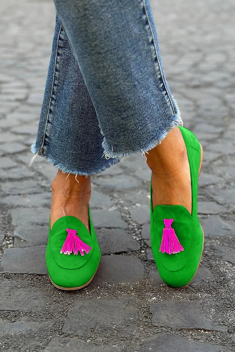 HAILEY - GREEN LOAFER WITH FUCHSIA TASSEL-15549132177781-Nancy & Mae Savannah