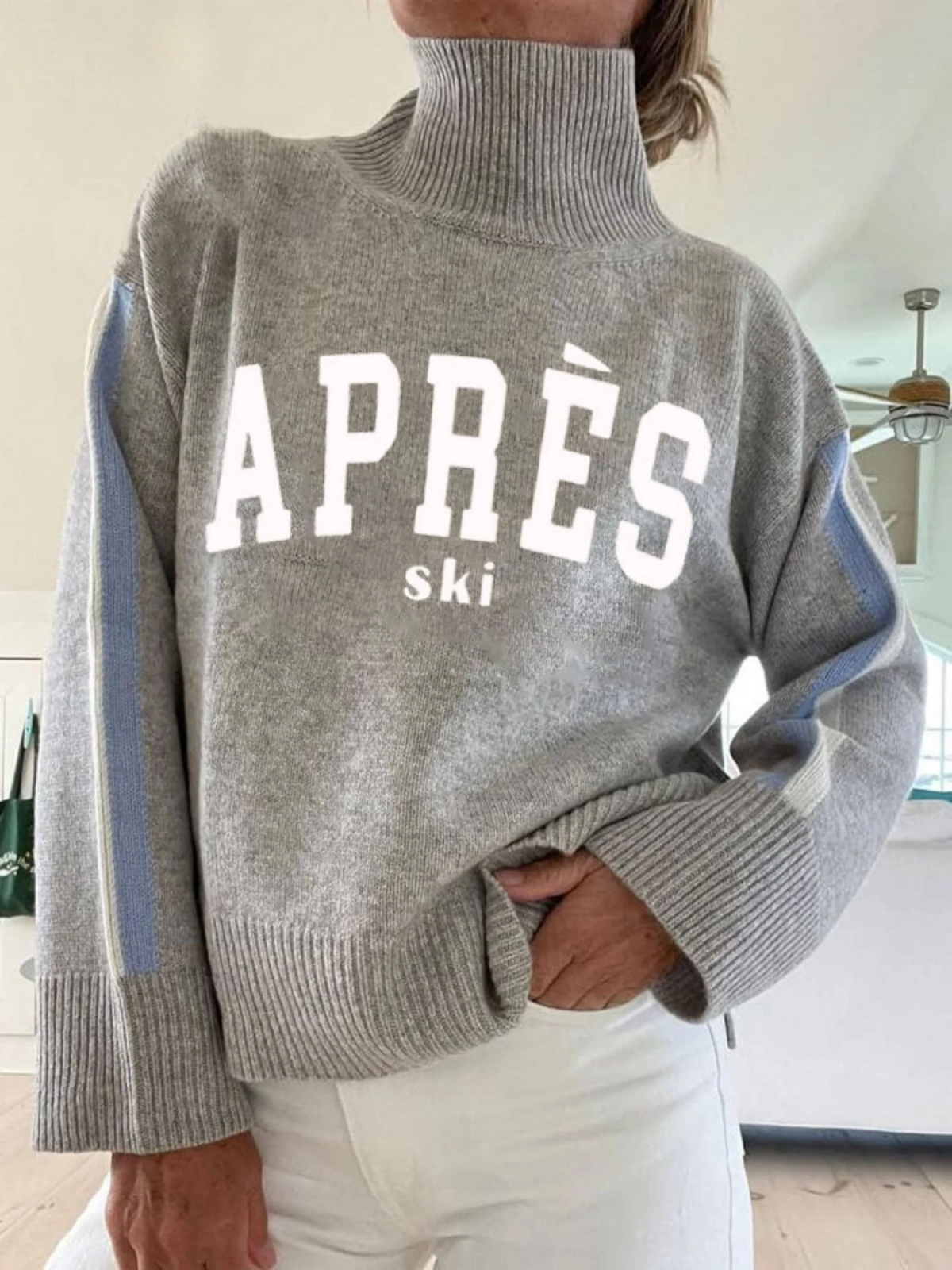 Helen - Retro Ski Club Print Knit Turtleneck Pullover Sweater-15553140228469-Mirella Fiore