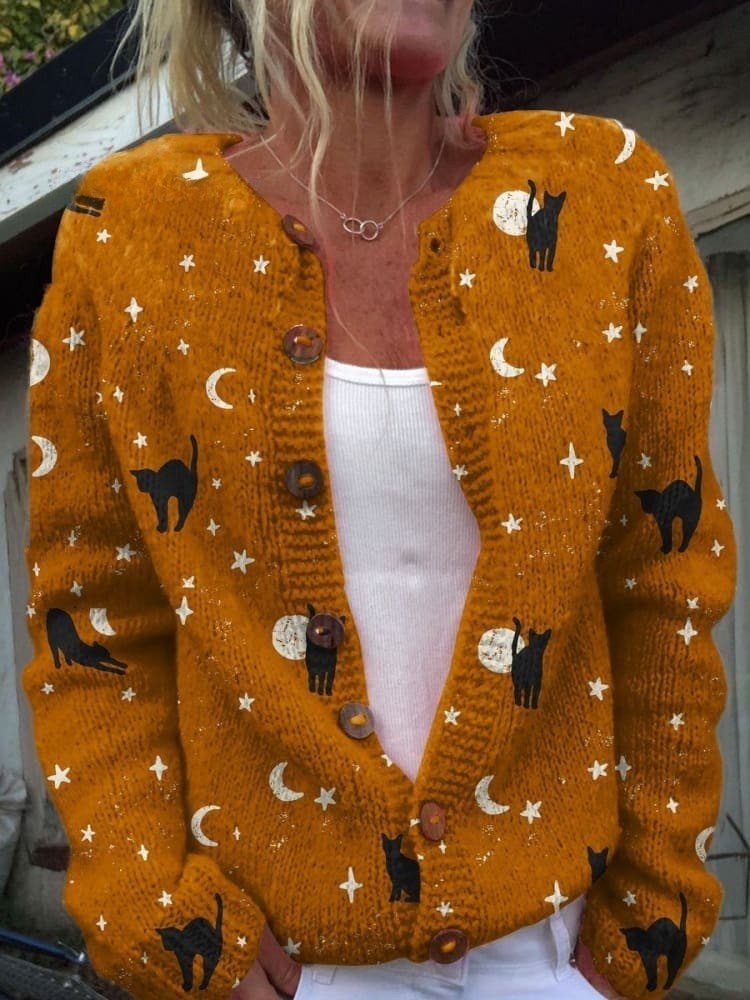 Helena - Halloween Black Cat Art Print Buttoned Cardigan Sweater-15530555933045-Mirella Fiore