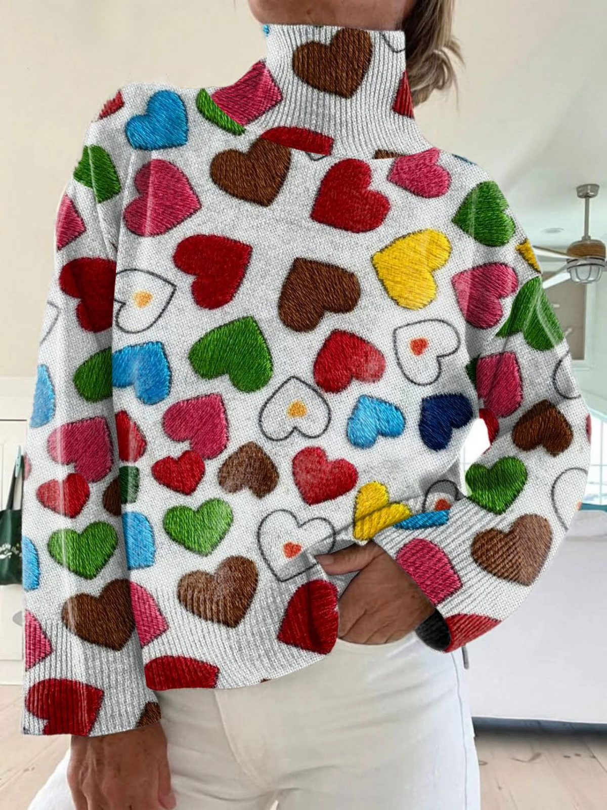 Isolde - Valentine's Day Art Love Print Knit Turtleneck Pullover Sweater-15553140687221-Mirella Fiore