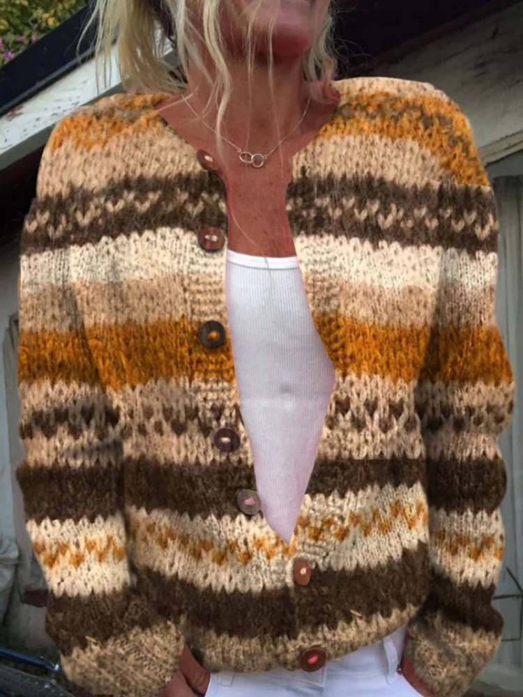 Jamela - Striped Colour Block Print Buttoned Cardigan Sweater-15530556293493-Nancy & Mae Savannah