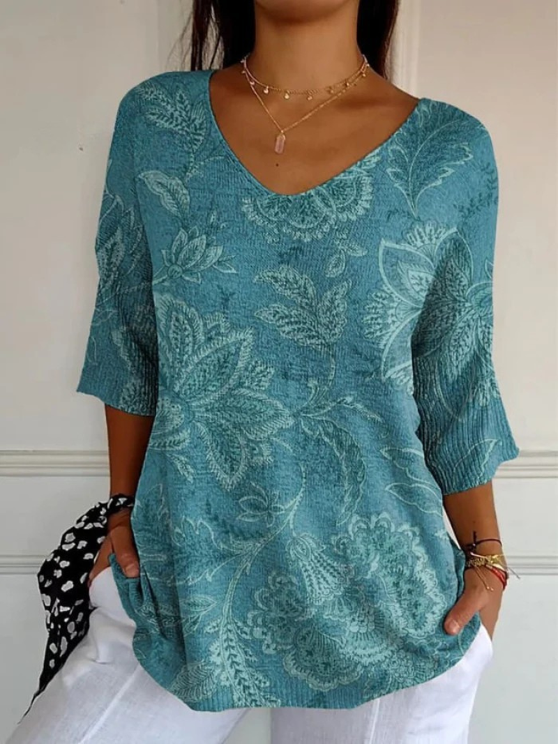 Jamela - Women's Vintage Ethnic Floral Art Print Casual Pullover Knit-15544857330037-Mirella Fiore
