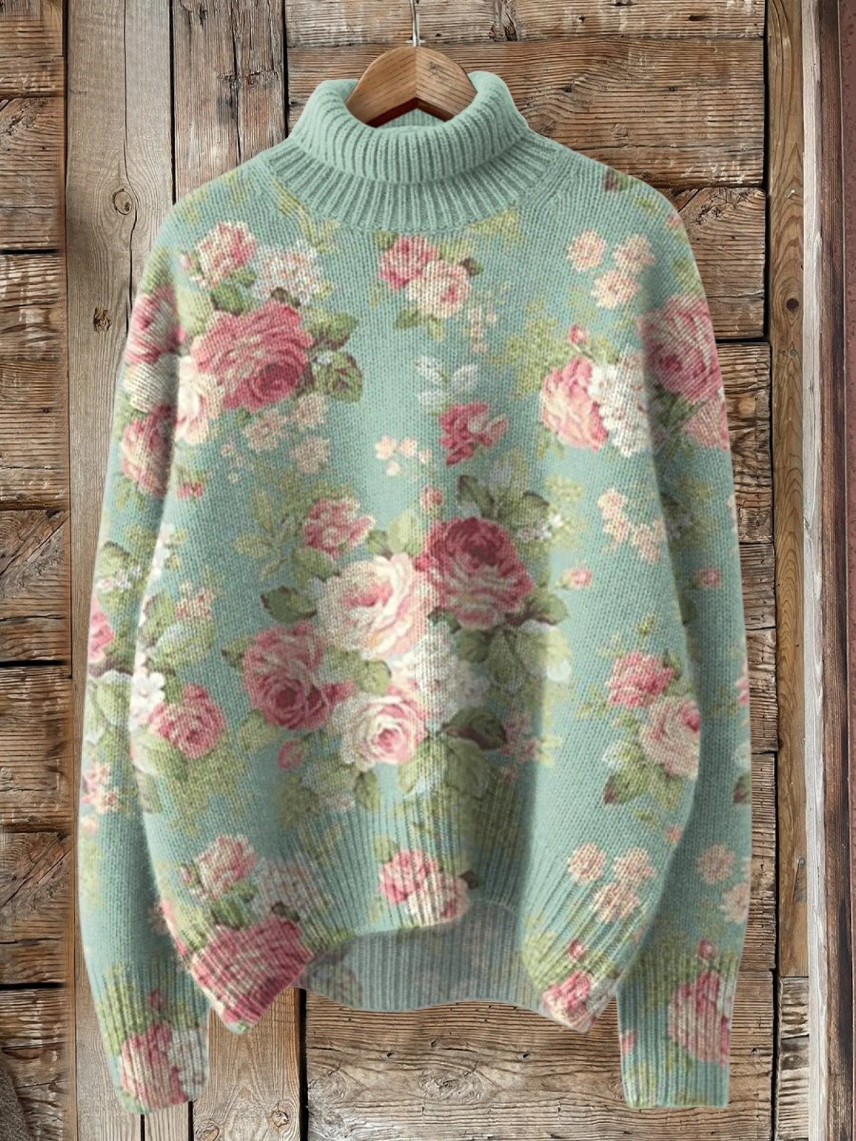 Jasmine - Fresh Retro Flowers Print Knit Turtleneck Pullover Sweater-15553140195701-Mirella Fiore