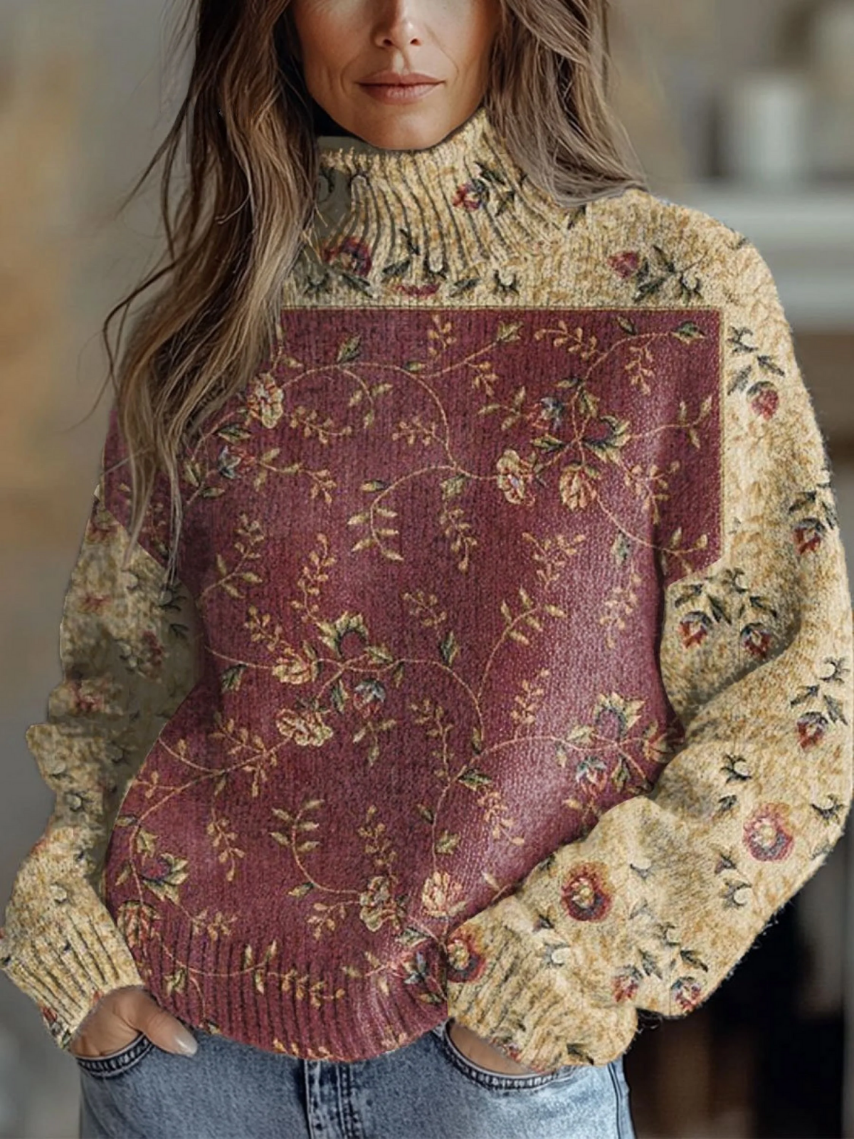 Jolina - Flowers Art Print Knit Turtleneck Pullover Sweater-15553140785525-Mirella Fiore