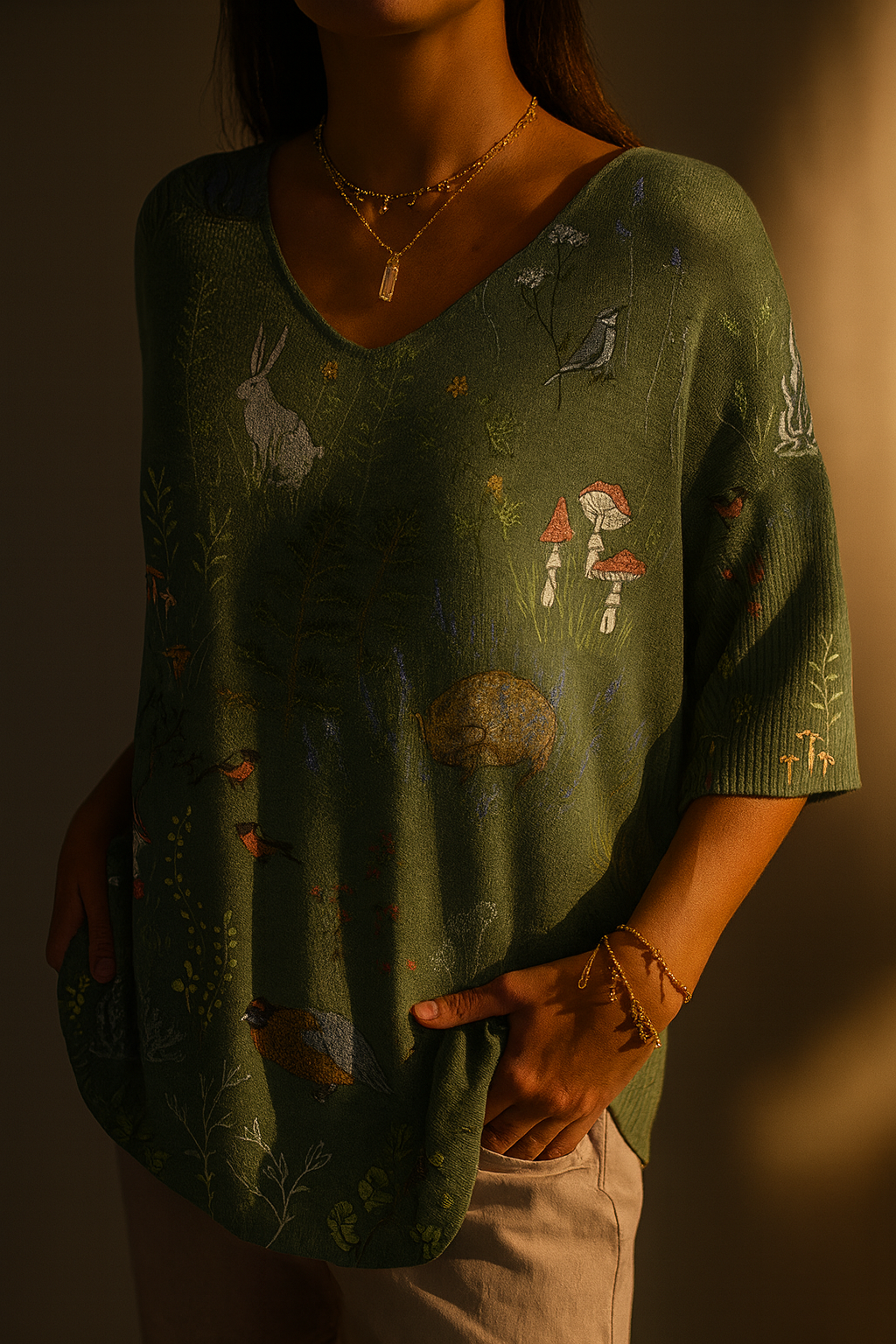 Jolina - Woodland And Animals Repeat Pattern Printed Women's Casual Pullover Knit-15544856805749-Mirella Fiore