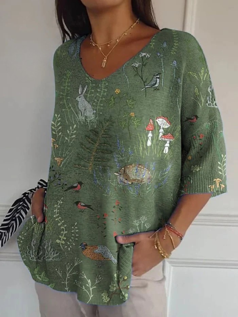 Jolina - Woodland And Animals Repeat Pattern Printed Women's Casual Pullover Knit-15544856805749-Mirella Fiore