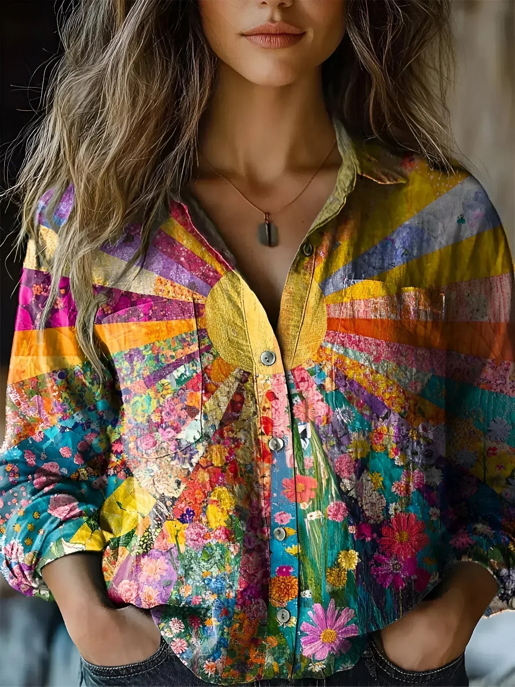 Kristy - Radiant Floral Sunburst Blouse-15542195224949-Mirella Fiore