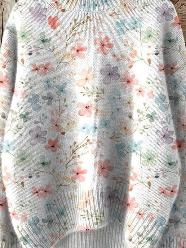 Liora - Lovely Floral Art Print Knit Turtleneck Pullover Sweater-15553140064629-Mirella Fiore