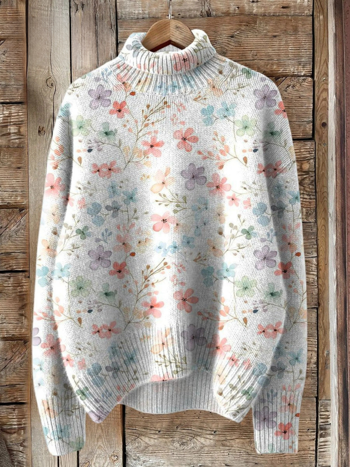 Liora - Lovely Floral Art Print Knit Turtleneck Pullover Sweater-15553140064629-Mirella Fiore