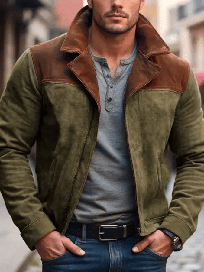 Lucas - Men's Vintage Suede Colorblock Pocket Lapel Outdoor Jacket-15551926141301-Mirella Fiore