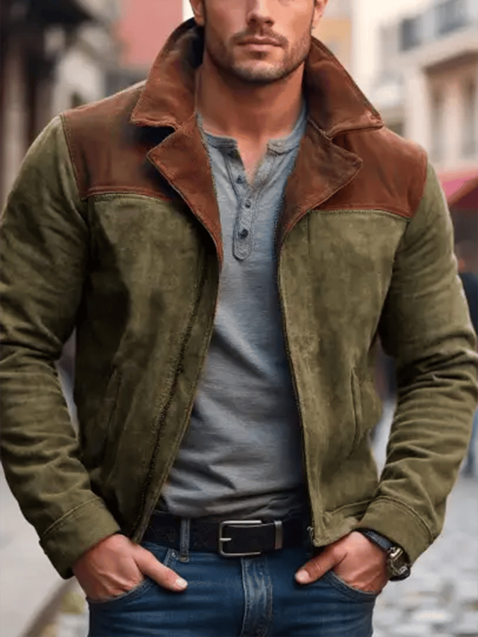 Lucas - Men's Vintage Suede Colorblock Pocket Lapel Outdoor Jacket-15551926141301-Mirella Fiore