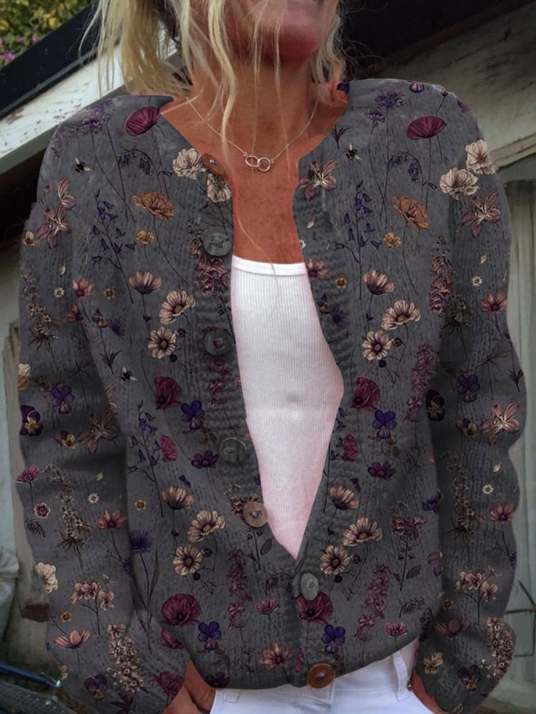 Marlene - Floral Art Print Buttoned Cardigan Sweater-15530556424565-Mirella Fiore