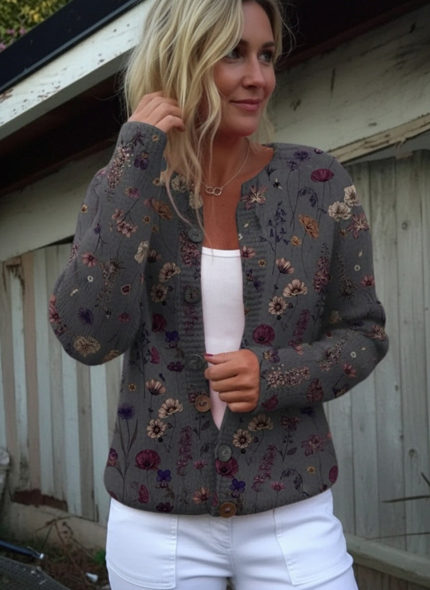 Marlene - Floral Art Print Buttoned Cardigan Sweater-15530556424565-Mirella Fiore