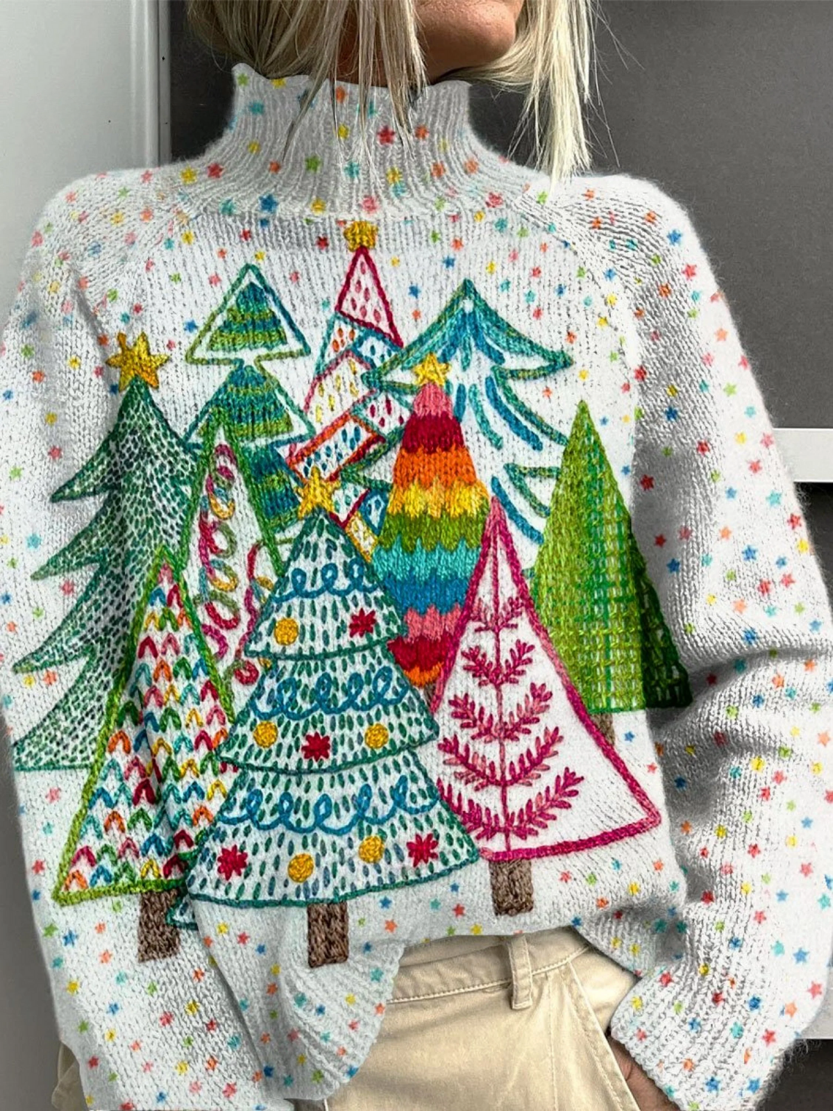 Marlene - Vintage ChristmasTree Print Knit Turtleneck Pullover Sweater-15553139802485-Mirella Fiore