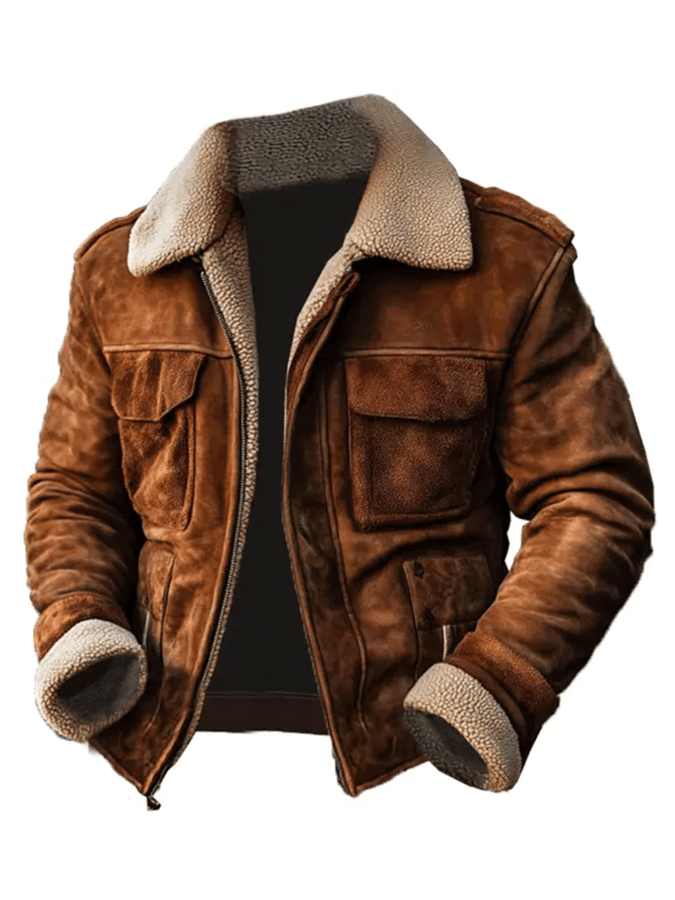Michael - Men's Vintage Suede Patchwork Lamb Fleece Multi-Pocket Reverse Collar Outdoor Jacket-15551926468981-Mirella Fiore