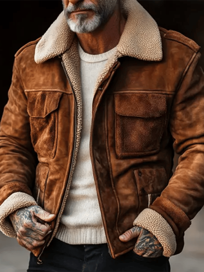 Michael - Men's Vintage Suede Patchwork Lamb Fleece Multi-Pocket Reverse Collar Outdoor Jacket-15551926468981-Mirella Fiore
