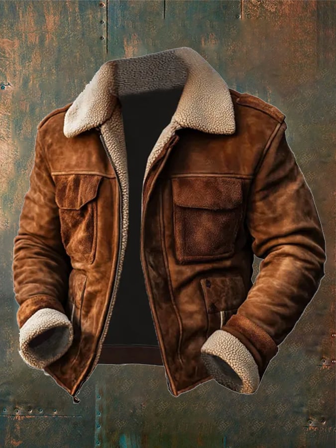 Michael - Men's Vintage Suede Patchwork Lamb Fleece Multi-Pocket Reverse Collar Outdoor Jacket-15551926468981-Mirella Fiore