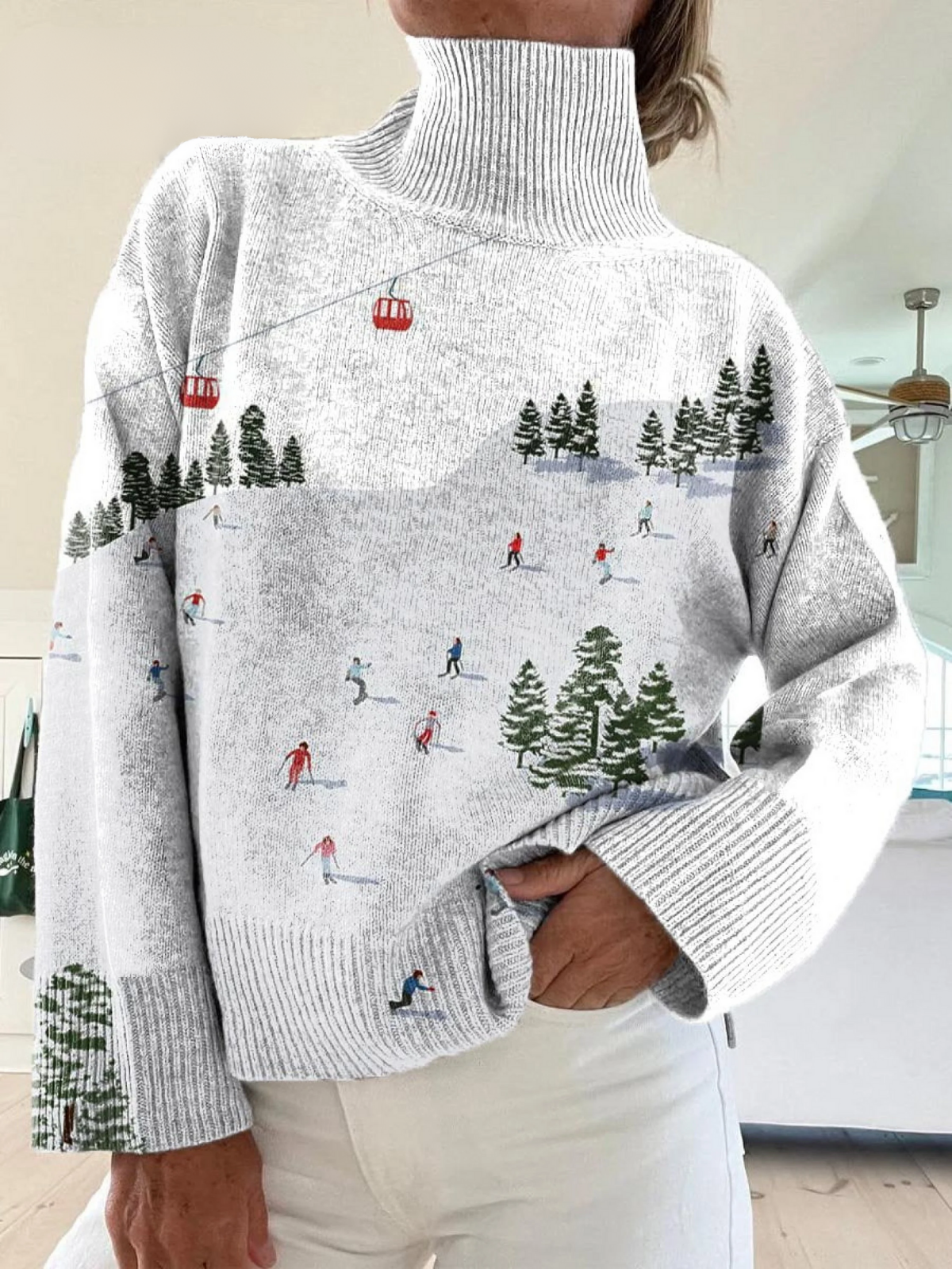 Miriam - Women's Ski Pattern Art Print Knit Turtleneck Pullover Sweater-15553139671413-Mirella Fiore