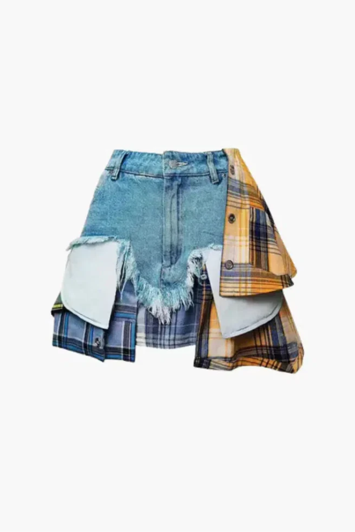 Monica – Plaid panels – Layered denim mini skirt-15133677715829-Nancy & Mae Savannah