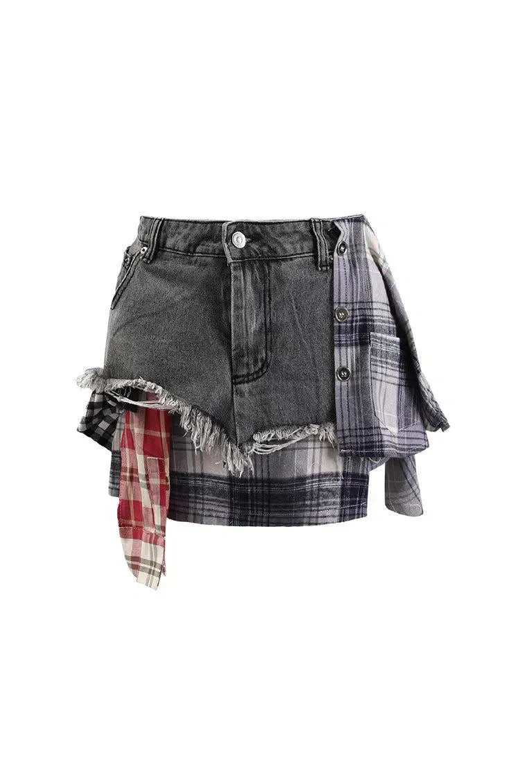 Monica – Plaid panels – Layered denim mini skirt-15133677715829-Nancy & Mae Savannah