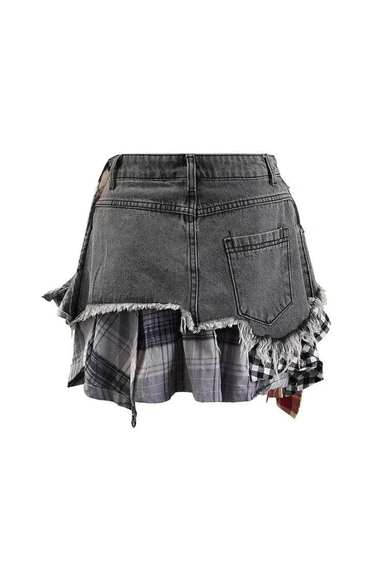 Monica – Plaid panels – Layered denim mini skirt-15133677715829-Nancy & Mae Savannah