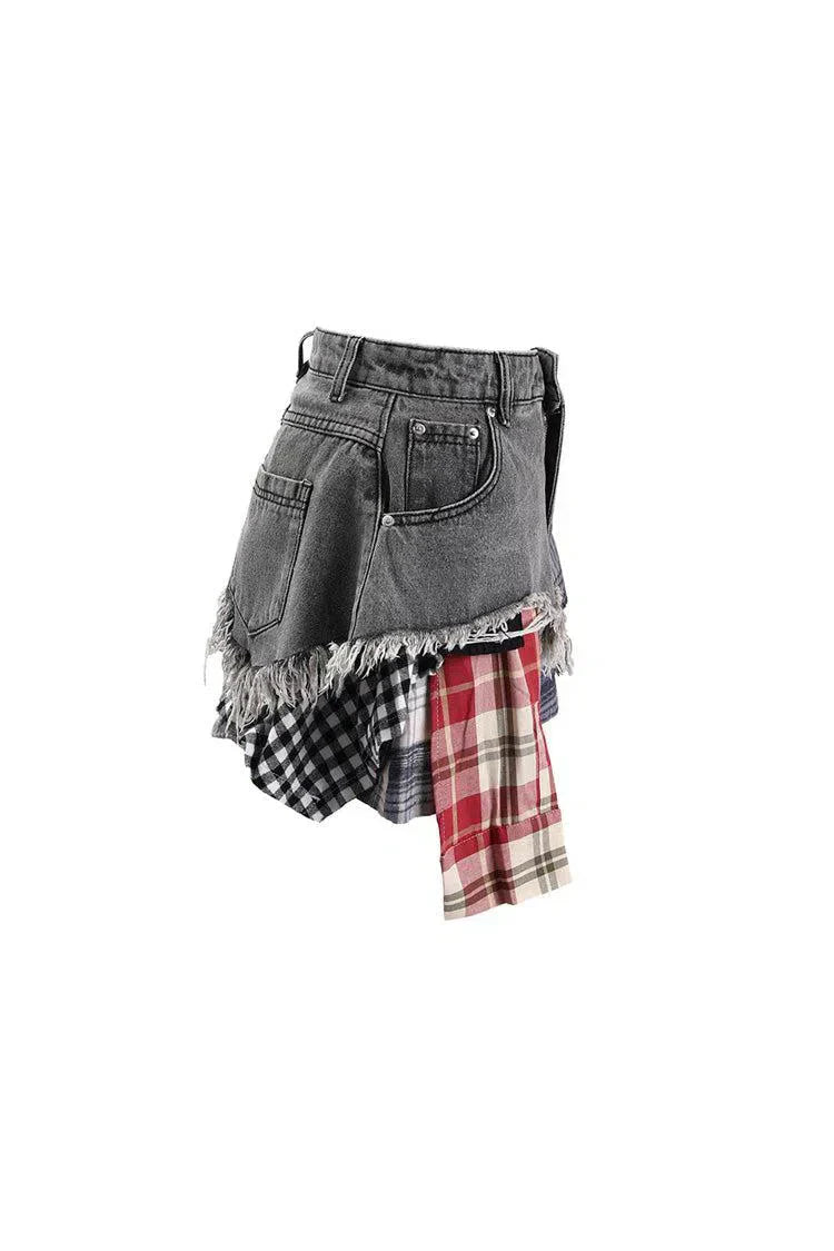 Monica – Plaid panels – Layered denim mini skirt-15133677715829-Nancy & Mae Savannah