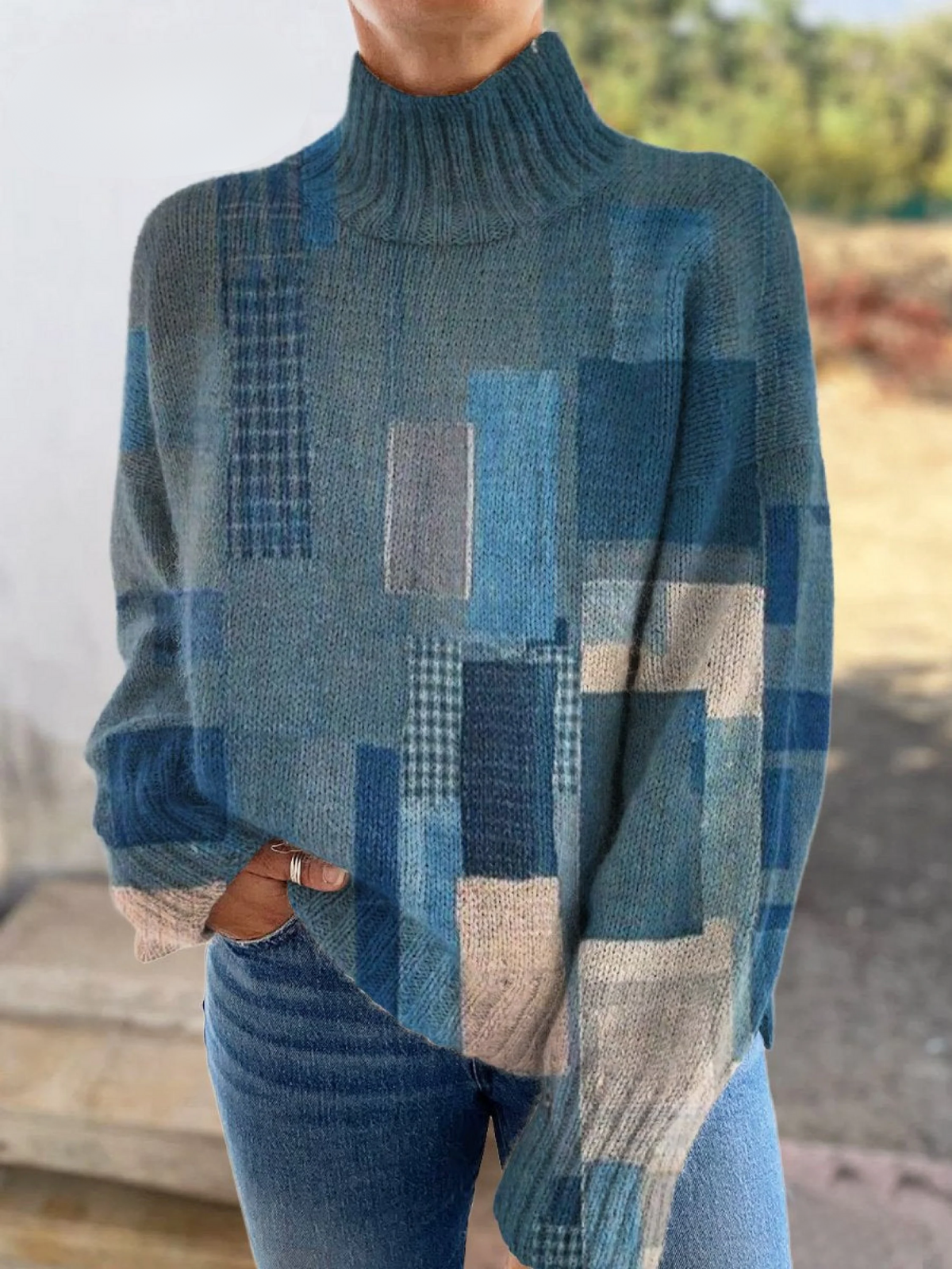 Nancy - Vintage Distressed Patchwork Print Knit Turtleneck Pullover Sweater-15553139376501-Mirella Fiore
