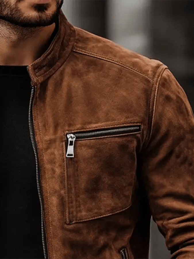 Nathan - Men's Vintage Suede Zip Pocket Stand Collar Outdoor Jacket-15551926501749-Mirella Fiore