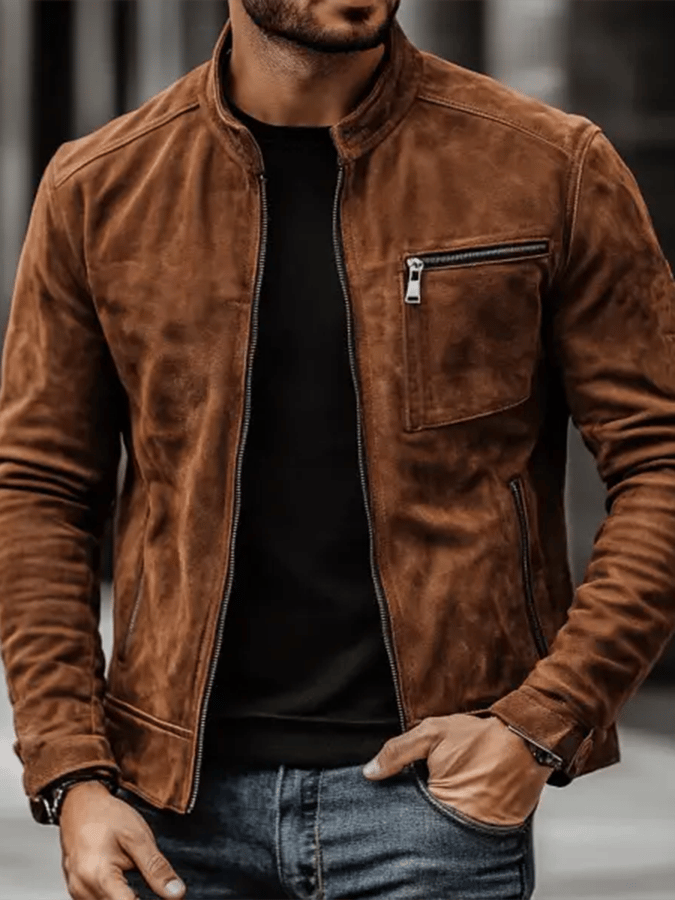 Nathan - Men's Vintage Suede Zip Pocket Stand Collar Outdoor Jacket-15551926501749-Mirella Fiore