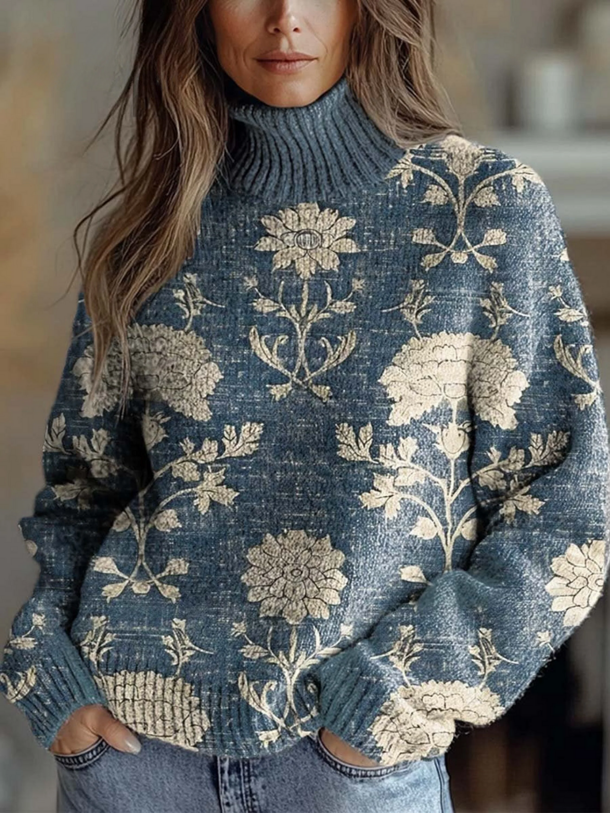 Olivia - Women's Vintage Lovely Floral Art Print Knit Turtleneck Pullover Sweater-15553140130165-Mirella Fiore