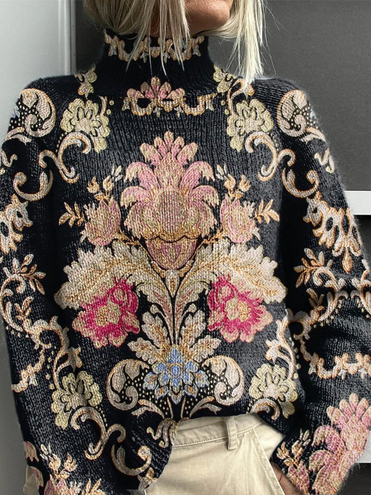 Oriana - Women's Vintage Lovely Floral Art Print Knit Turtleneck Pullover Sweater-15553140490613-Nancy & Mae Savannah