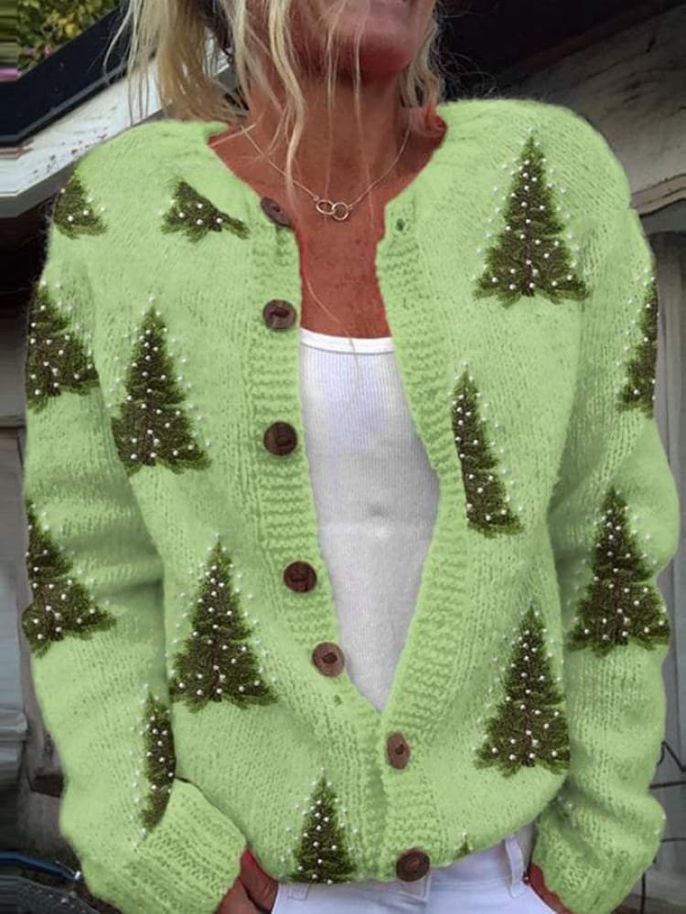 Samantha - Women's Lovely Christmas Tree Art Print Buttoned Cardigan Sweater-15530556031349-Mirella Fiore