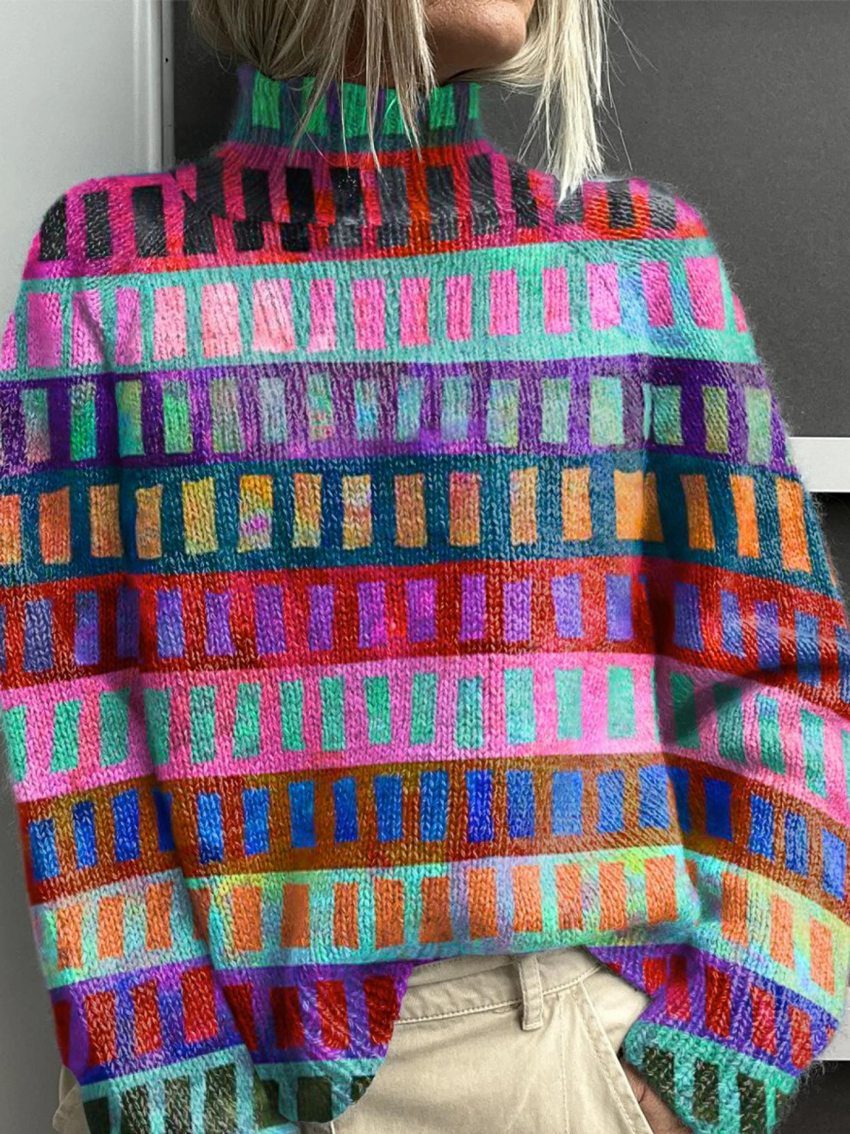 Sammy - Colored Square Stripes Print Knit Turtleneck Pullover Sweater-15553139999093-Mirella Fiore