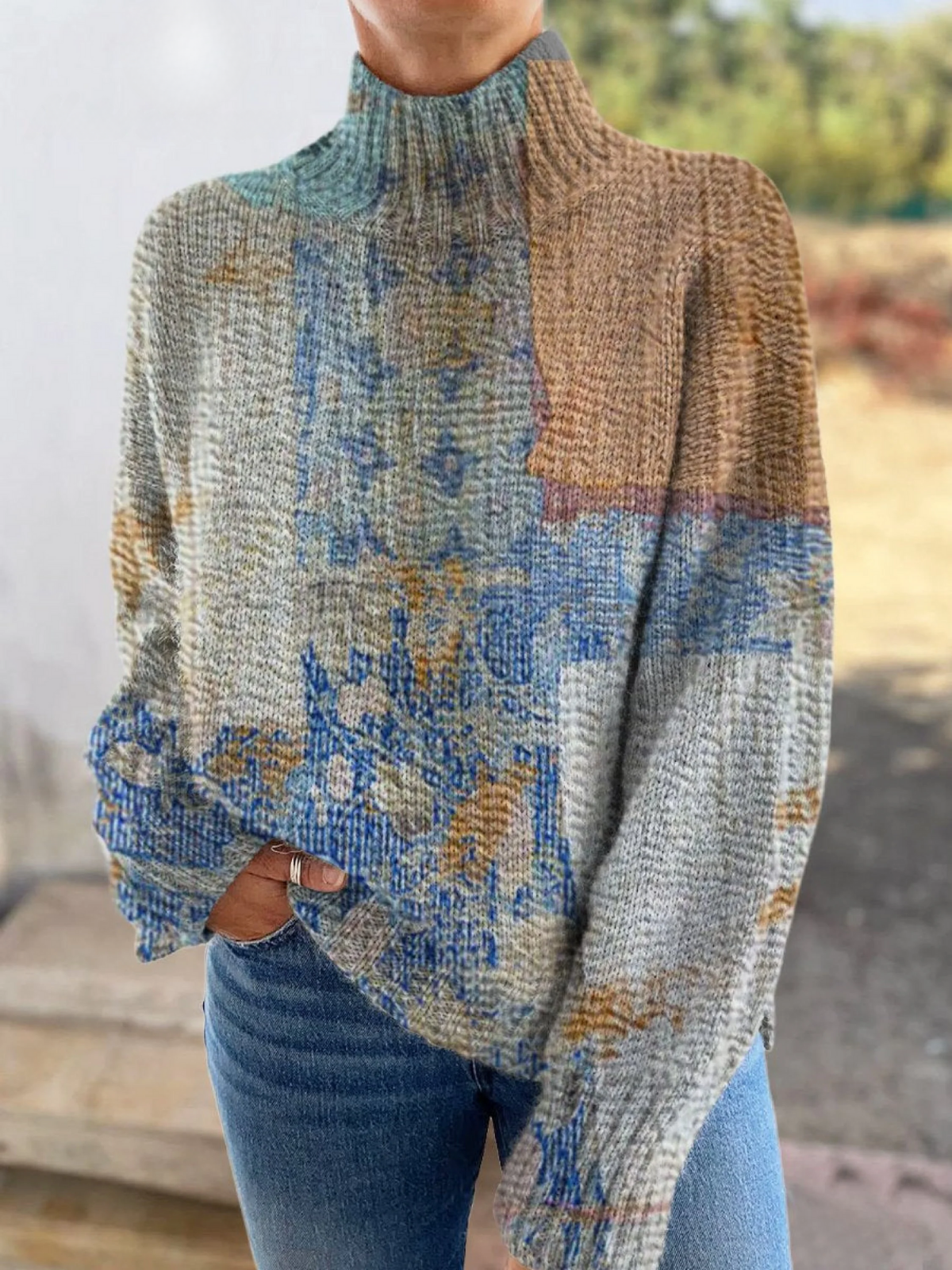 Sandy - Vintage Patchwork Print Knit Turtleneck Pullover Sweater-15553139343733-Mirella Fiore