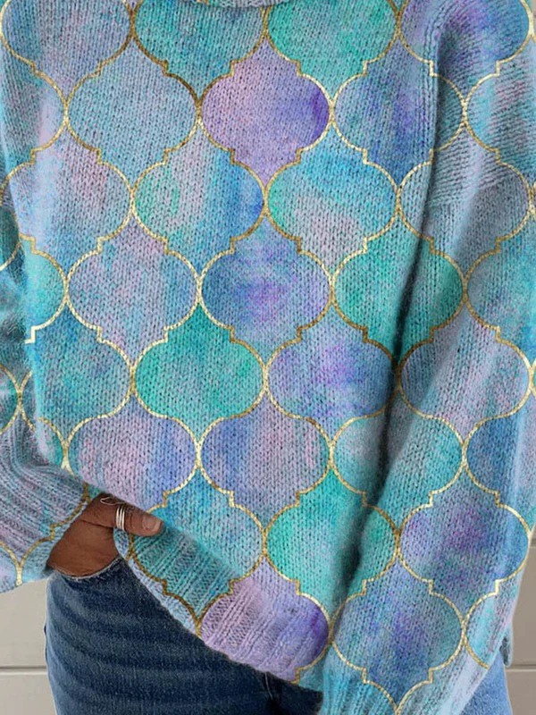 Seren - Abstract Geometric Pattern Art Print Knit Turtleneck Pullover Sweater-15553140752757-Mirella Fiore