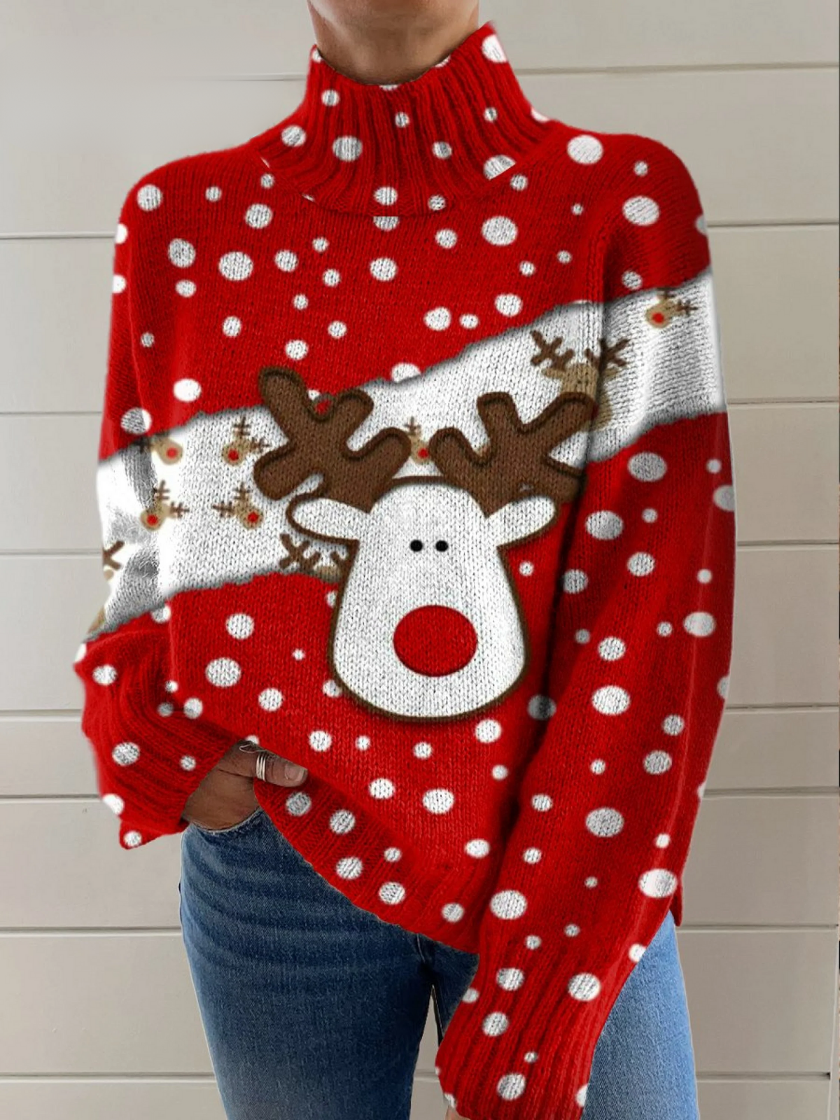Shara - Christmas Red Polka Dot Cute Elk Print Knit Turtleneck Pullover Sweater-15553139704181-Mirella Fiore