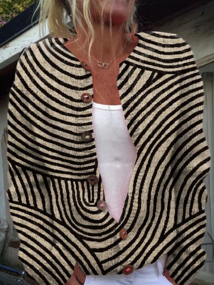 Sheila - Retro Drawn Line Pattern Print Buttoned Cardigan Sweater-15530556195189-Mirella Fiore