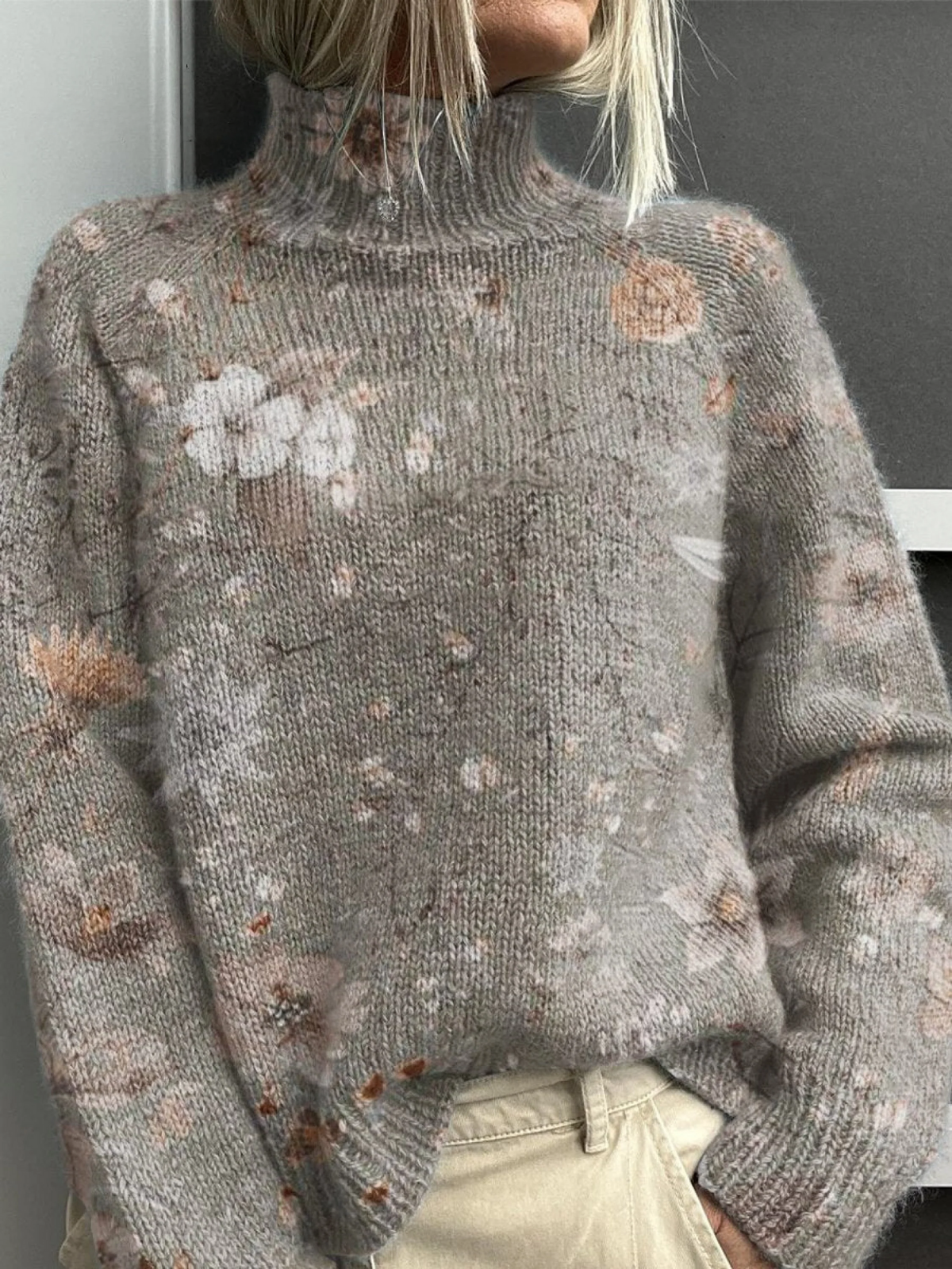 Sheila - Retro Floral Pattern Print Knit Turtleneck Pullover Sweater-15553139507573-Mirella Fiore
