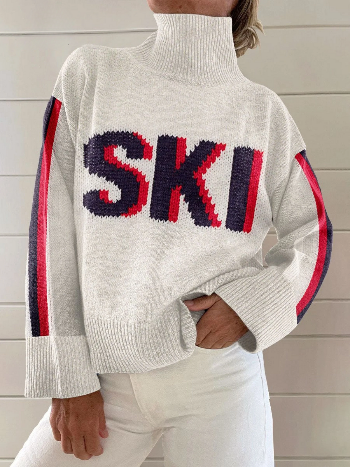 Sloane - Vintage Winter Ski Print Knit Turtleneck Pullover Sweater-15553140457845-Mirella Fiore