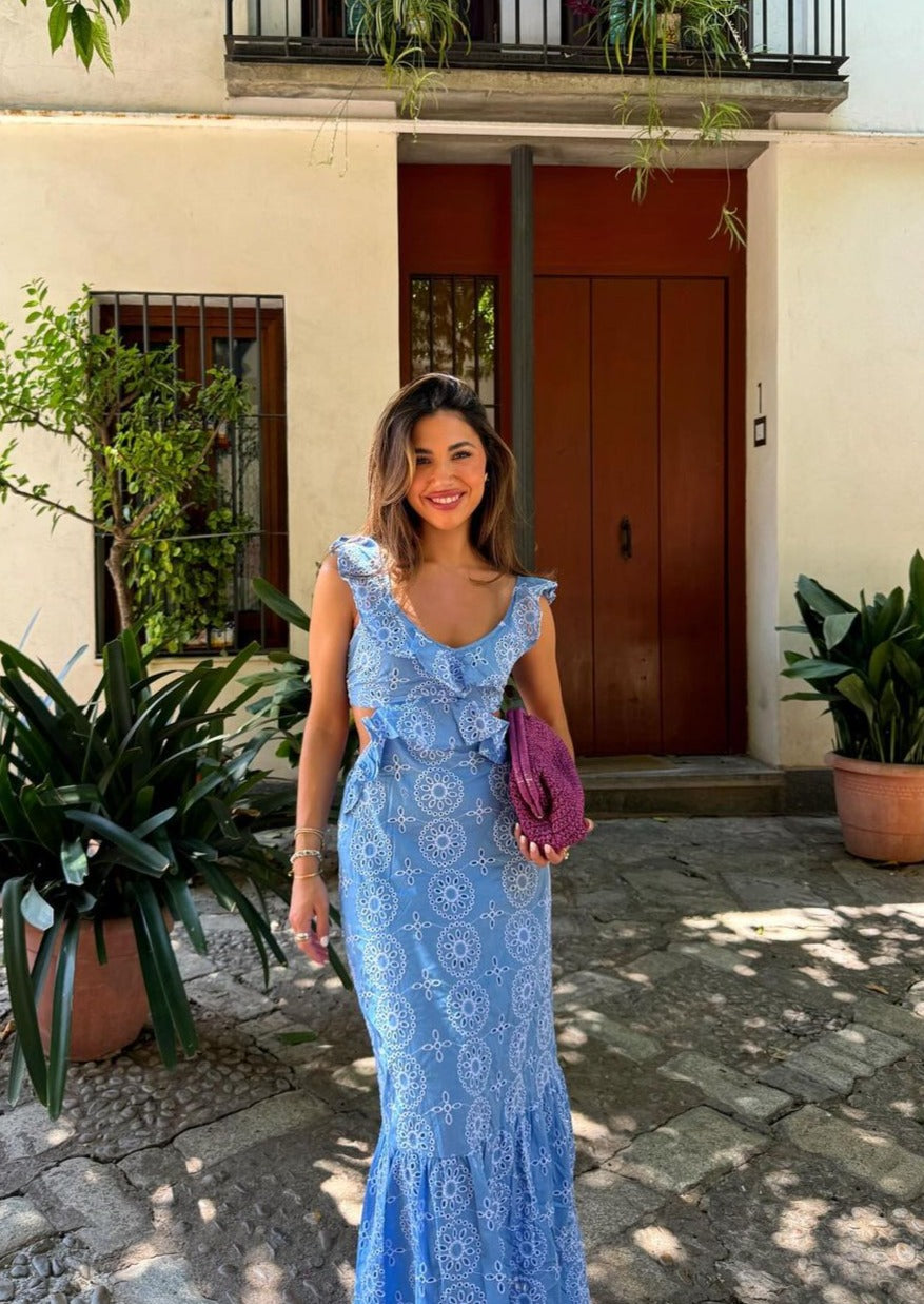 Solenca – Embroidered cut-out – Ruffle hem midi dress-15133711925621-Nancy & Mae Savannah