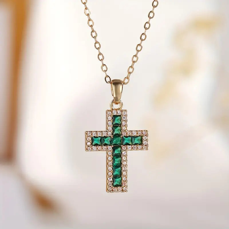 Solene Emerald Cross Pendant Gold Necklace-15548286009717-Nancy & Mae Savannah