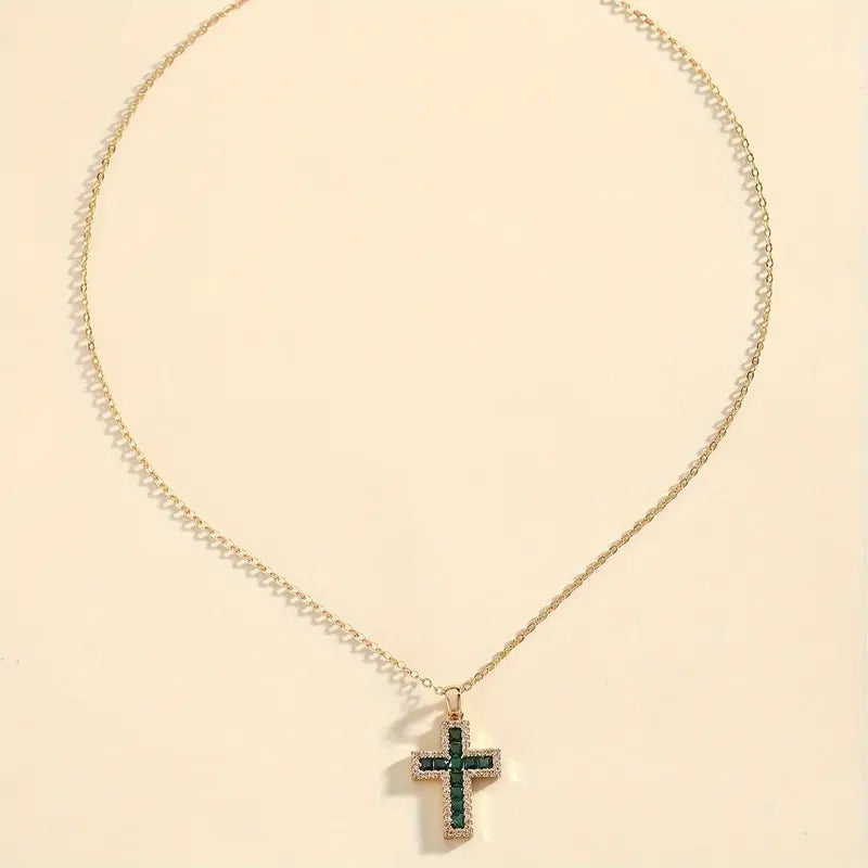 Solene Emerald Cross Pendant Gold Necklace-15548286009717-Nancy & Mae Savannah