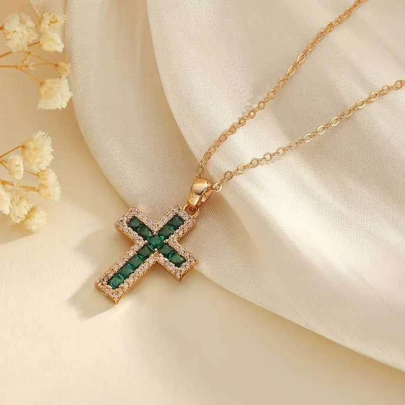 Solene Emerald Cross Pendant Gold Necklace-15548286009717-Nancy & Mae Savannah