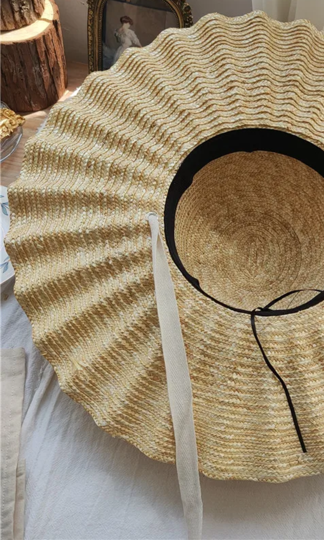 Solvienne – Scalloped ribbon tie – Straw hat-15133782442357-Mirella Fiore