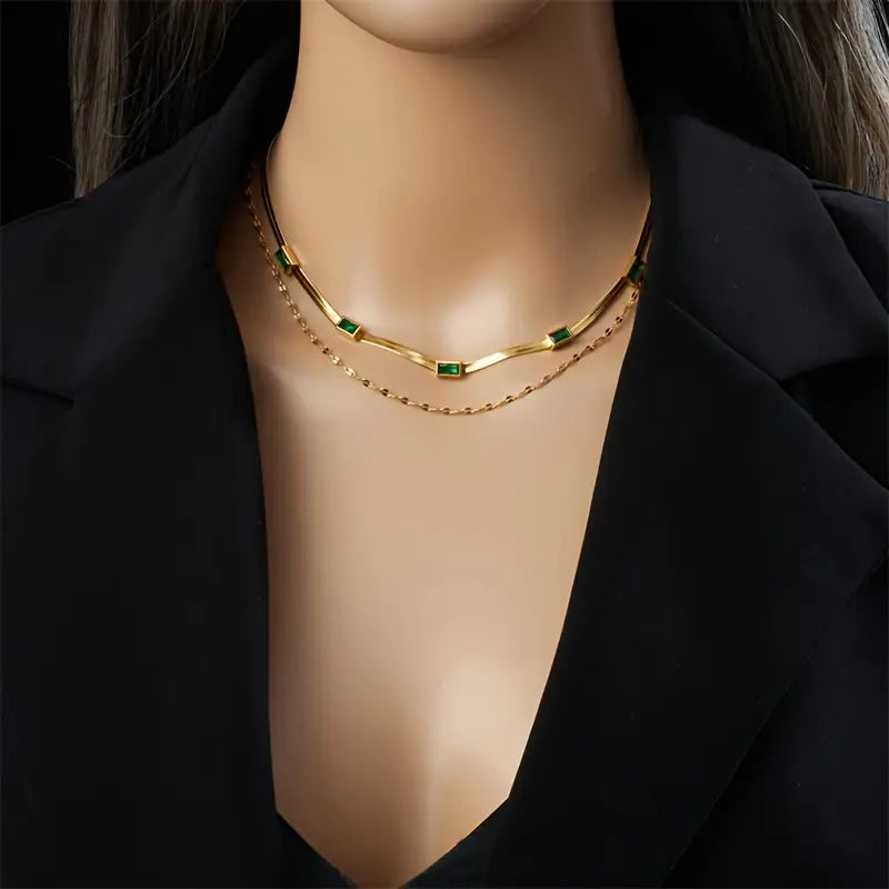 Sorella Gem Double-Layer Retro Gold Necklace-15548286108021-Nancy & Mae Savannah